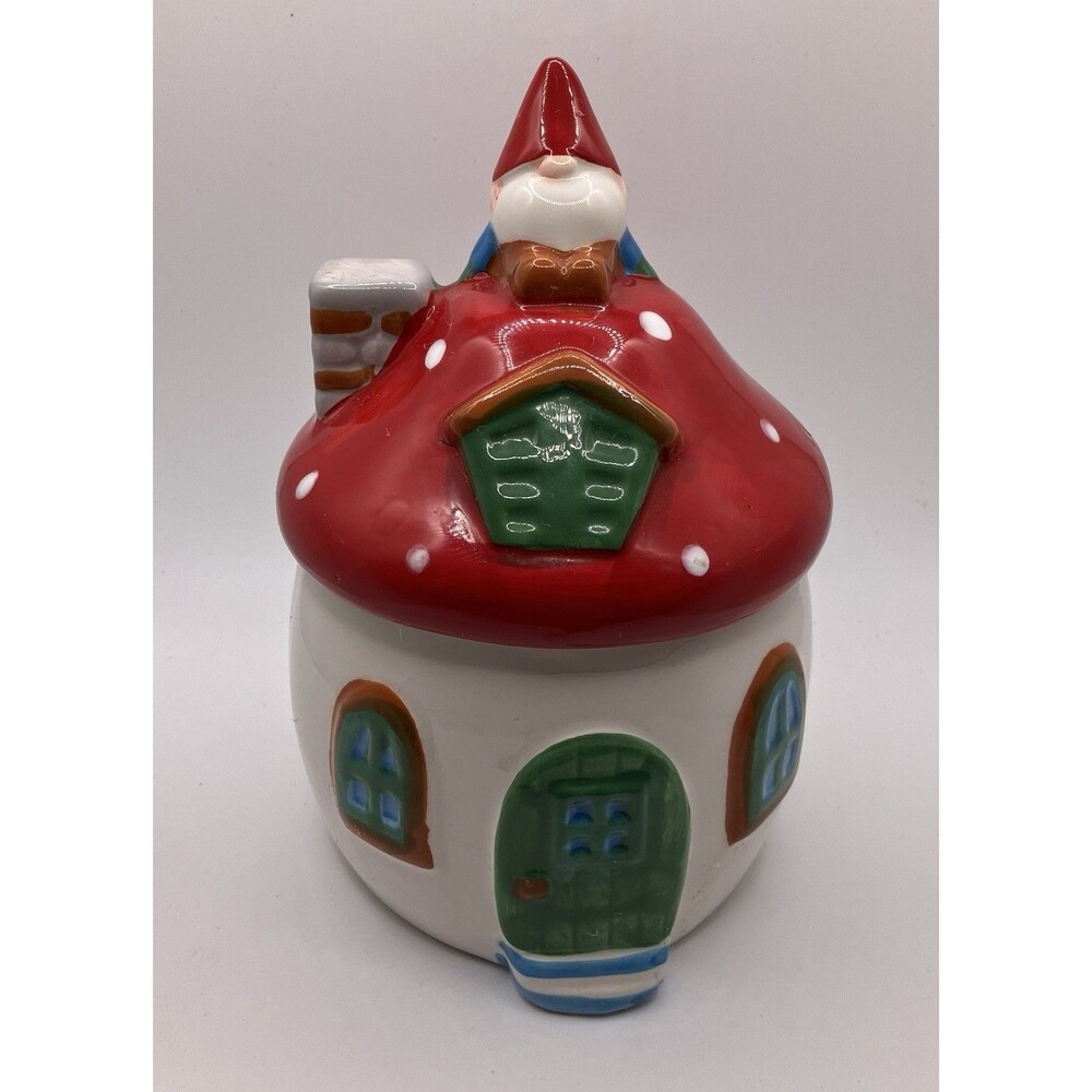 Holiday Time Ceramic Christmas Mushroom And Gnome Cookie Treats Jar Canister